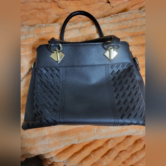 Black Vegan Leather Satchel with Gold Accents - Picture 1 of 9